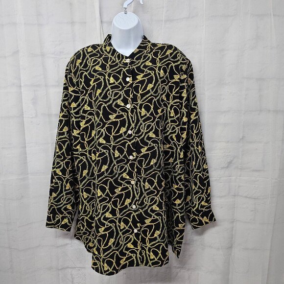 Vintage Notations Black Gold Chain & Tassel Print Equestrian Classic Blouse 1X - Picture 1 of 11